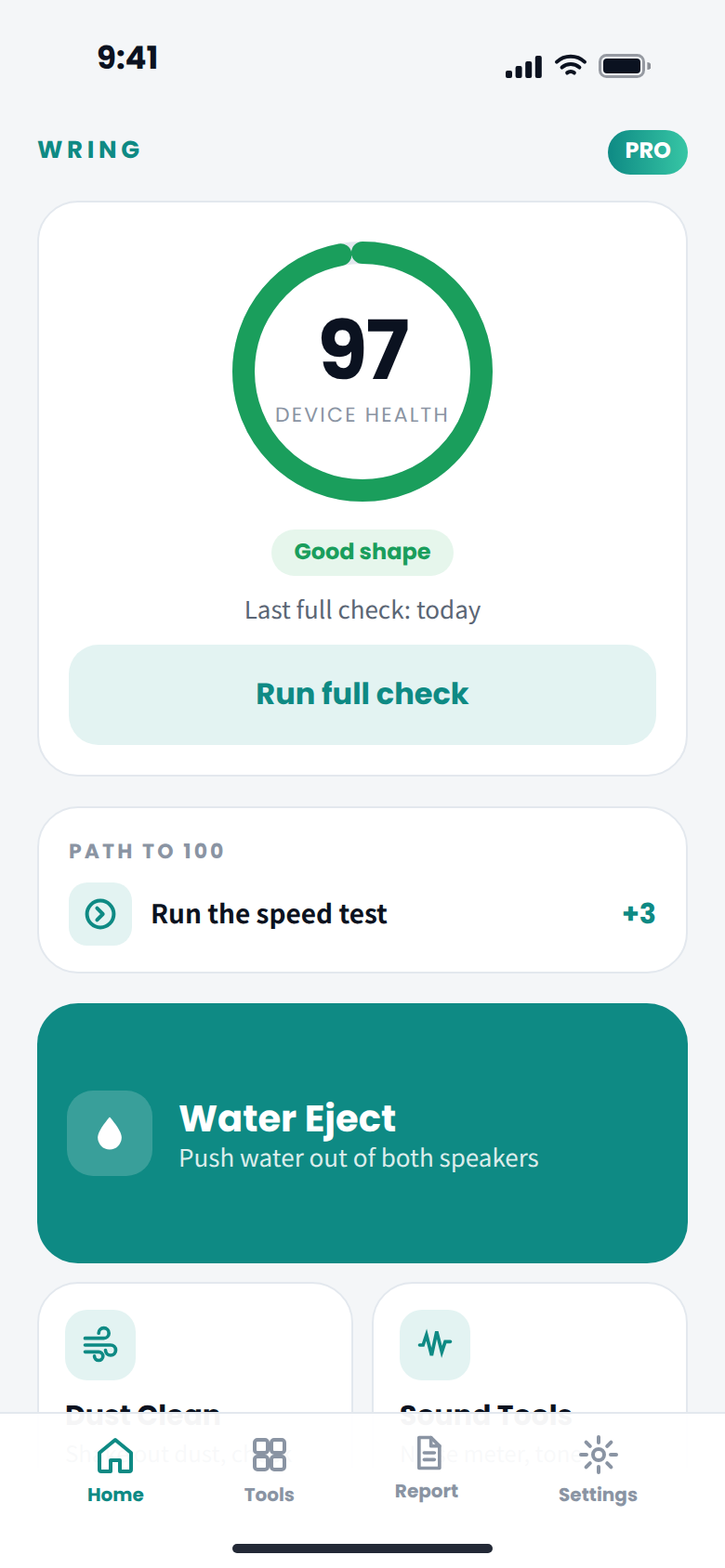 Wring home screen with a device health score of 97