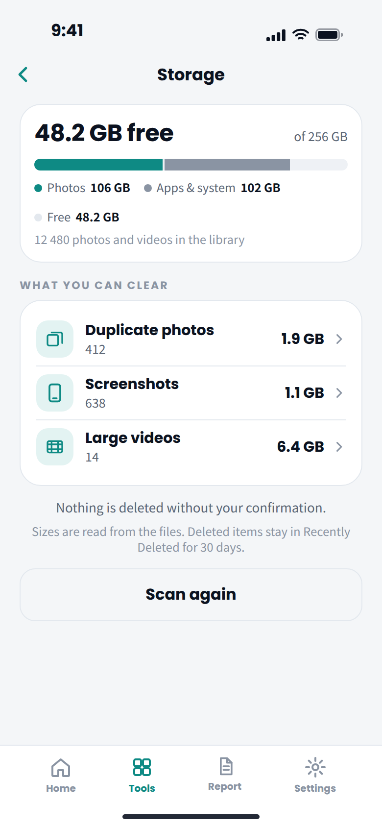 Storage screen: 48.2 GB free, duplicates, screenshots and large videos to clear
