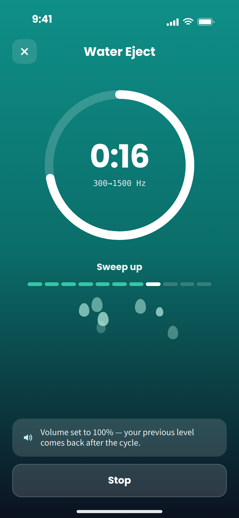 Water eject cycle running: 0:16 left, sweeping 300 to 1500 Hz